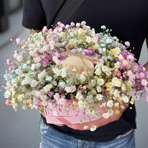 Композиция в коробке сердца из радужных гипсофил с топпером в Рошале