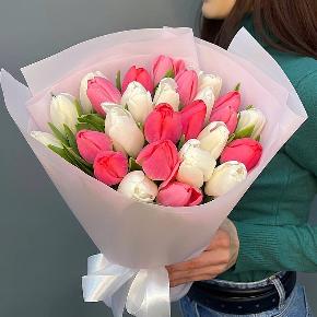 Букет из 25 кораллово-белых тюльпанов в Рошале